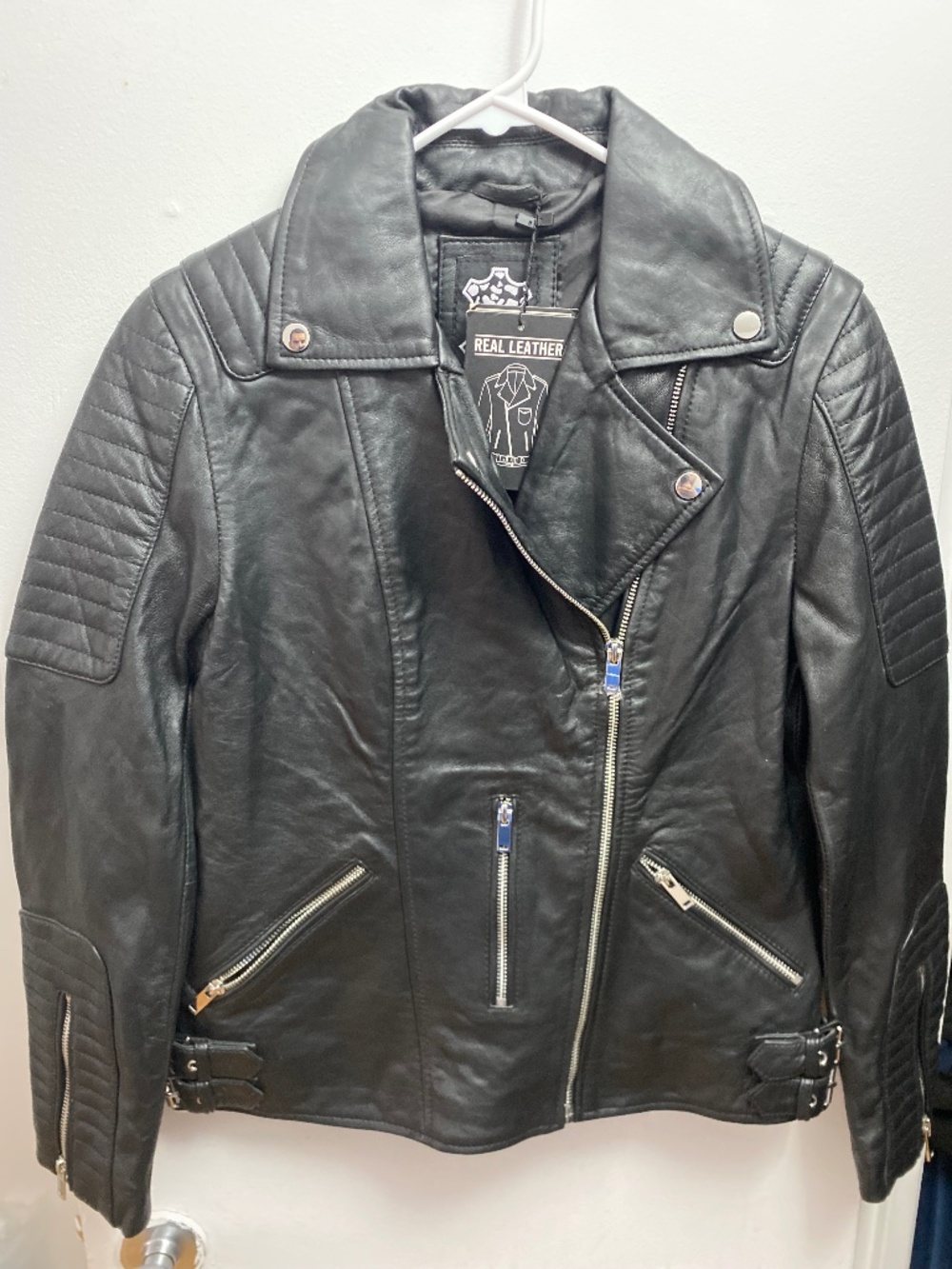 Real Leather Black Quilted Moto Jacket size M - Genuine Lambskin